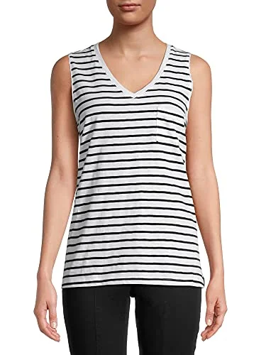 Time and Tru Women's V-Neck Tank Top (Black & White, Medium, Numeric_8)